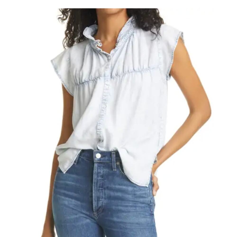 Rails Ruthie Sleeveless Ruffle Button-Up Shirt Blouse Chambray Denim X-Small